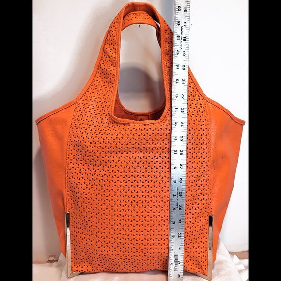 $145 NWT Orange GRAY SAKS FIFTH AVENUE Large Pleather Tote w/ Triangle Cutouts - Picture 3 of 5